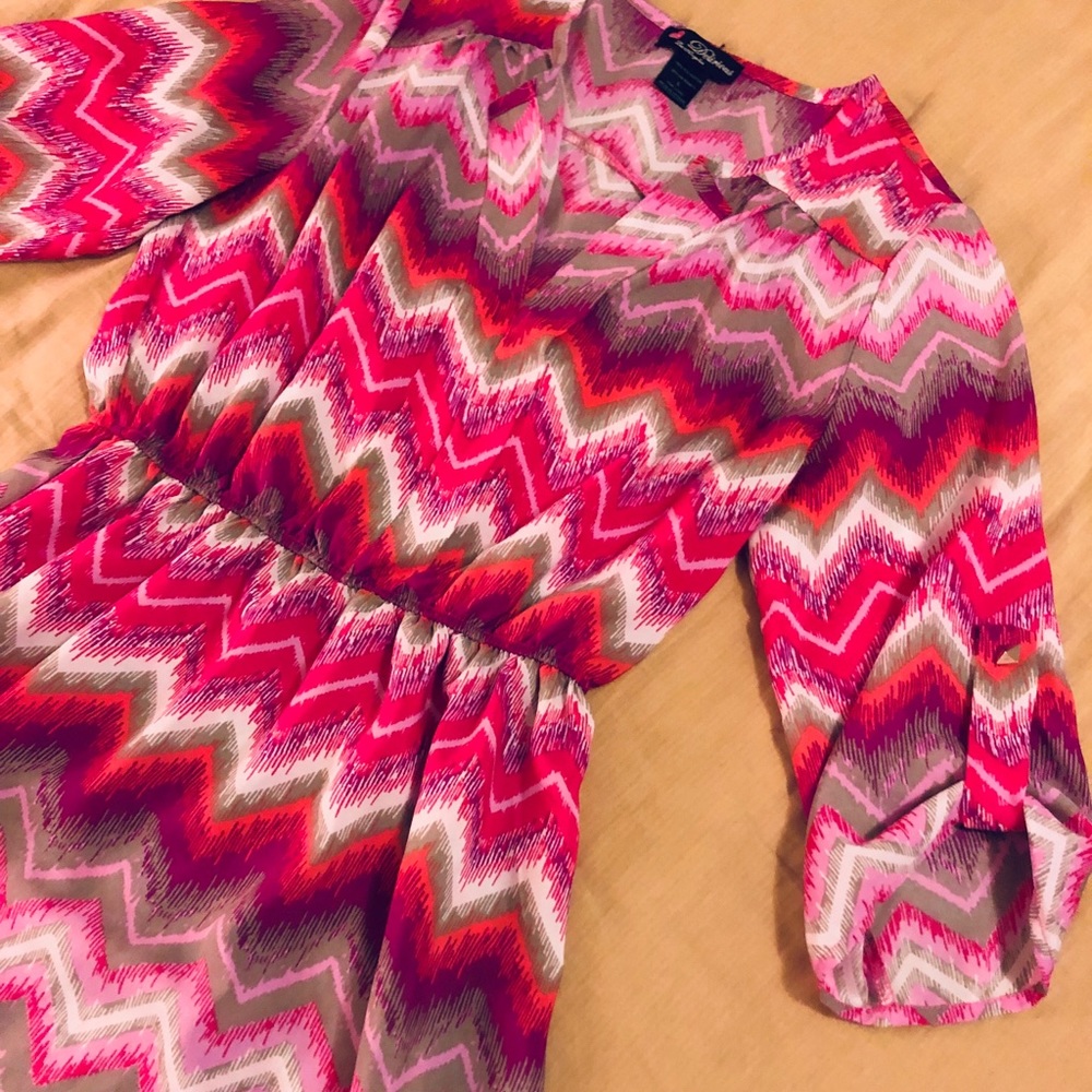 Multi pink pattern, cinched waist, mini dress